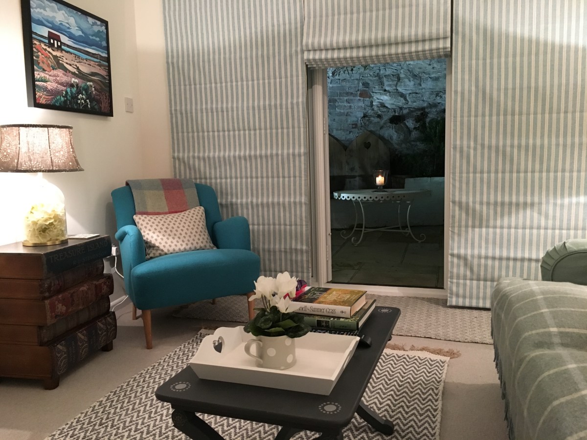 Blinds down on courtyard